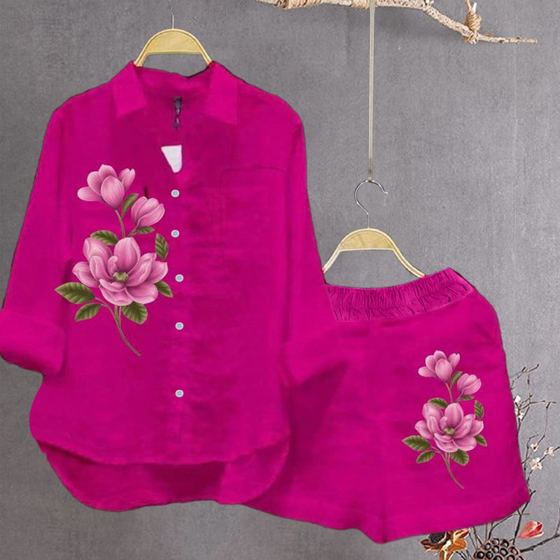 Spausdinti Moteriški pavasariniai šortai, kostiumai, šventiniai marškiniai ilgomis rankovėmis ir kelnės aukštu juosmeniu, 2 dalių bėgimo rinkiniai Moteriški laisvalaikio apranga