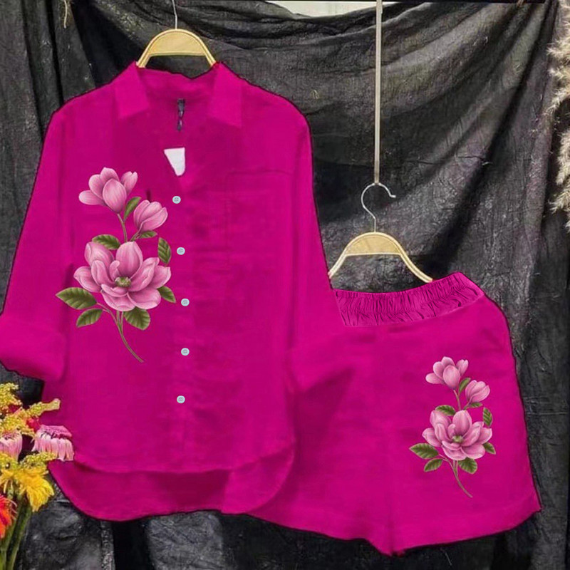 Spausdinti Moteriški pavasariniai šortai, kostiumai, šventiniai marškiniai ilgomis rankovėmis ir kelnės aukštu juosmeniu, 2 dalių bėgimo rinkiniai Moteriški laisvalaikio apranga