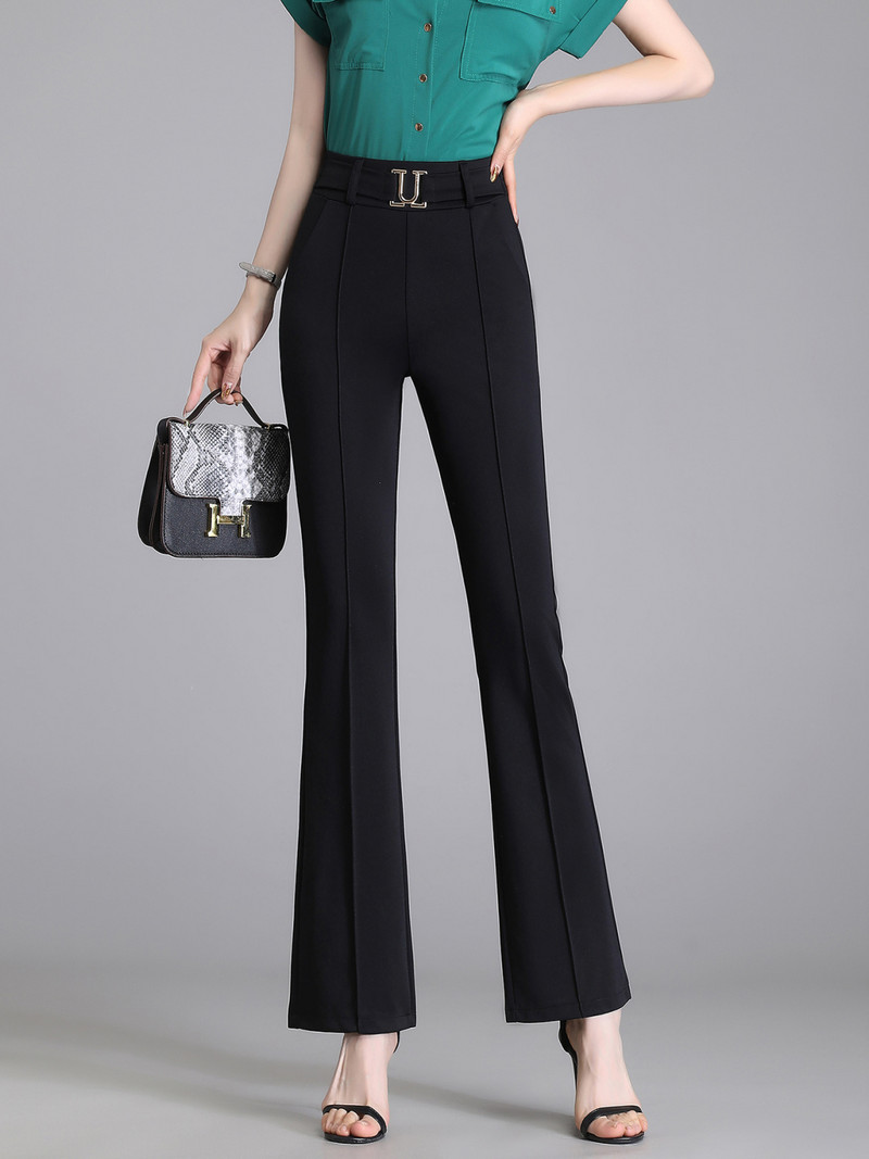 Moda de vară Pantaloni cu talie înaltă, eleganti, de culoare solidă, pentru femei de birou, pantaloni evazați cu îmbrăcăminte elastică, îmbrăcăminte pentru femei