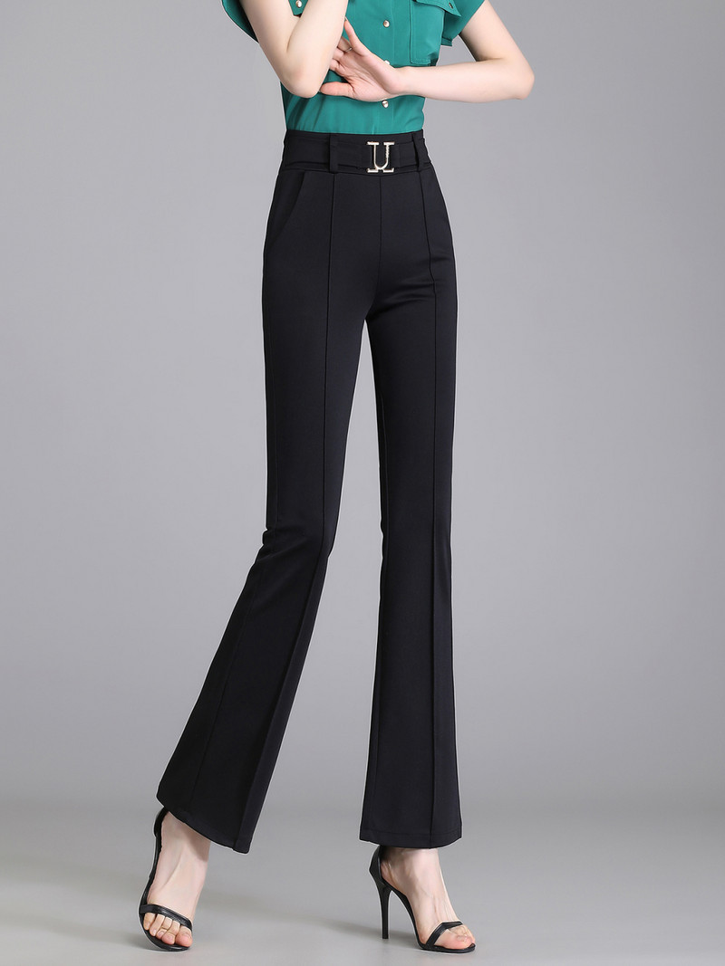 Moda de vară Pantaloni cu talie înaltă, eleganti, de culoare solidă, pentru femei de birou, pantaloni evazați cu îmbrăcăminte elastică, îmbrăcăminte pentru femei