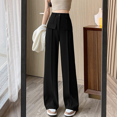 2024. Nove korejske široke, ležerne, ravne korejske hlače visokog struka, jednobojne ženske hlače sa spojenim gumbima za putovanje na posao i posao 2024.