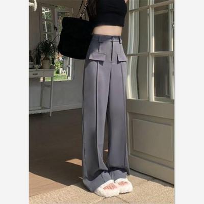 2024. Nove korejske široke, ležerne, ravne korejske hlače visokog struka, jednobojne ženske hlače sa spojenim gumbima za putovanje na posao i posao 2024.