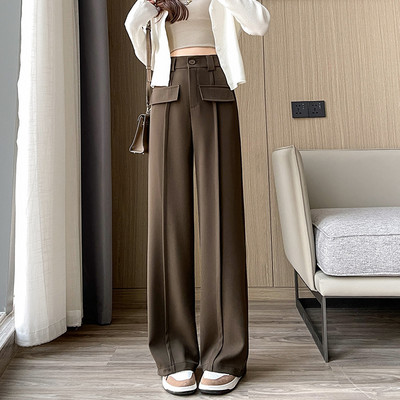 2024. Nove korejske široke, ležerne, ravne korejske hlače visokog struka, jednobojne ženske hlače sa spojenim gumbima za putovanje na posao i posao 2024.