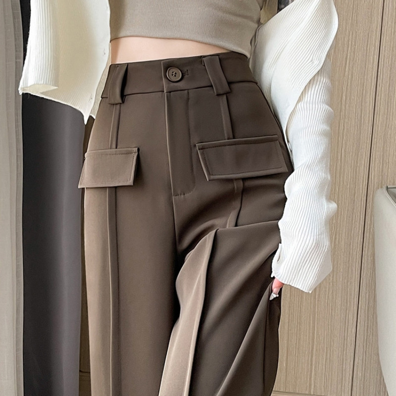 2024. Nove korejske široke, ležerne, ravne korejske hlače visokog struka, jednobojne ženske hlače sa spojenim gumbima za putovanje na posao i posao 2024.