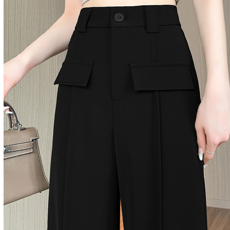 2024. Nove korejske široke, ležerne, ravne korejske hlače visokog struka, jednobojne ženske hlače sa spojenim gumbima za putovanje na posao i posao 2024.