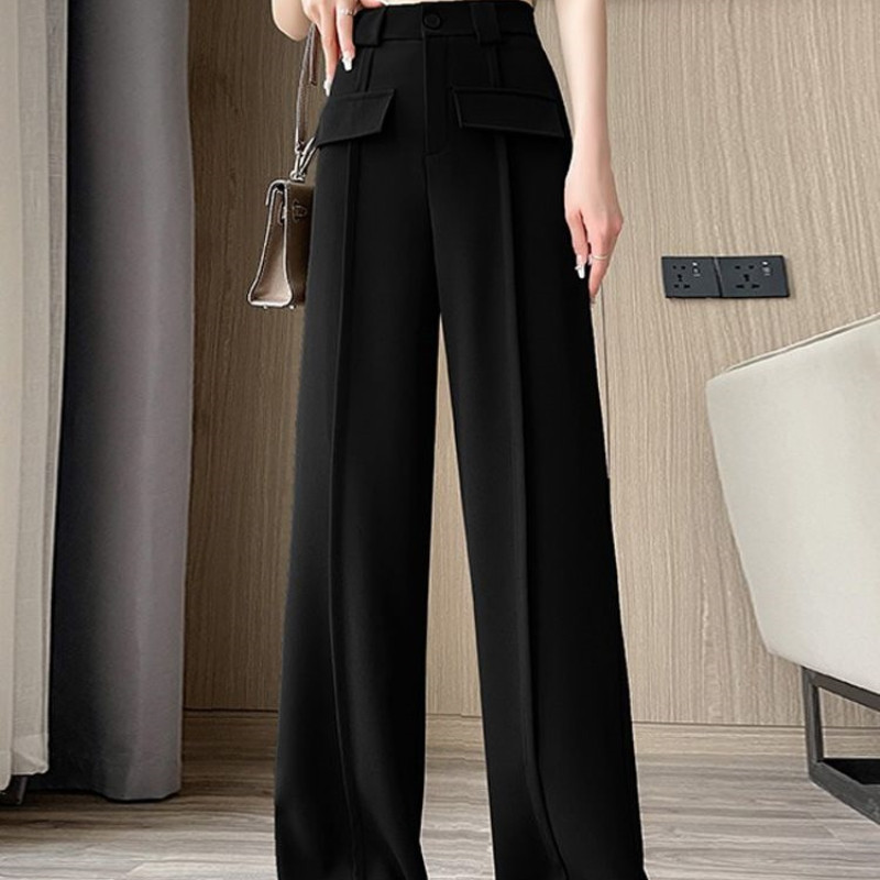 2024. Nove korejske široke, ležerne, ravne korejske hlače visokog struka, jednobojne ženske hlače sa spojenim gumbima za putovanje na posao i posao 2024.
