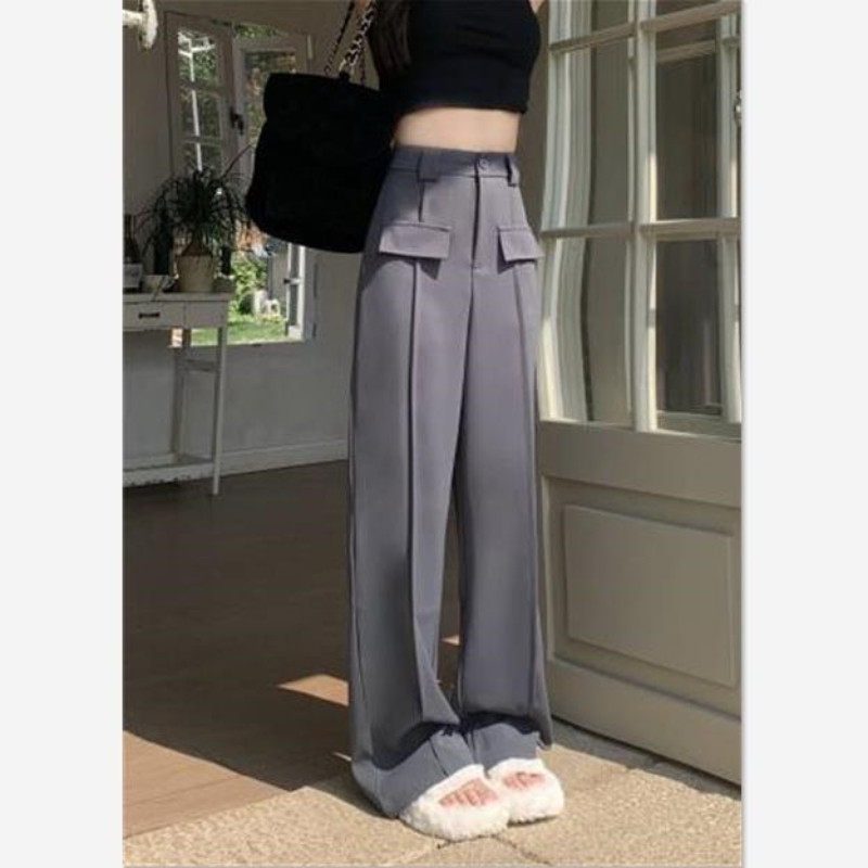 2024. Nove korejske široke, ležerne, ravne korejske hlače visokog struka, jednobojne ženske hlače sa spojenim gumbima za putovanje na posao i posao 2024.