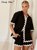 Vabaaja triibuliste rannapükste komplektid naiste rannapuhkuse üherealised revääriga särgid, naiste ülikond 2024, suvine kaheosaline naiste komplekt