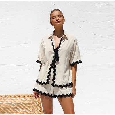 Vabaaja triibuliste rannapükste komplektid naiste rannapuhkuse üherealised revääriga särgid, naiste ülikond 2024, suvine kaheosaline naiste komplekt