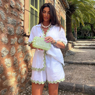 Vabaaja triibuliste rannapükste komplektid naiste rannapuhkuse üherealised revääriga särgid, naiste ülikond 2024, suvine kaheosaline naiste komplekt