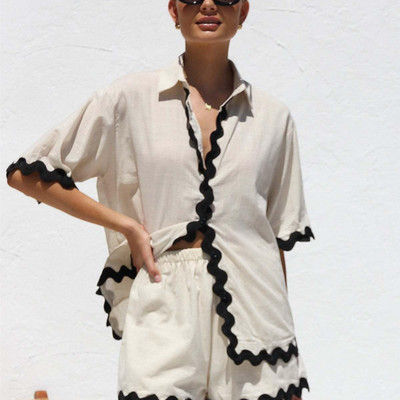 Vabaaja triibuliste rannapükste komplektid naiste rannapuhkuse üherealised revääriga särgid, naiste ülikond 2024, suvine kaheosaline naiste komplekt