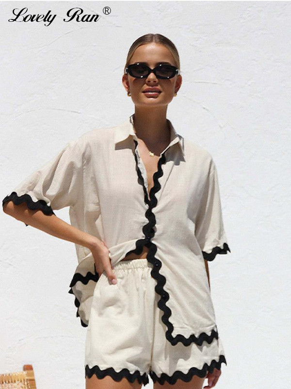 Vabaaja triibuliste rannapükste komplektid naiste rannapuhkuse üherealised revääriga särgid, naiste ülikond 2024, suvine kaheosaline naiste komplekt