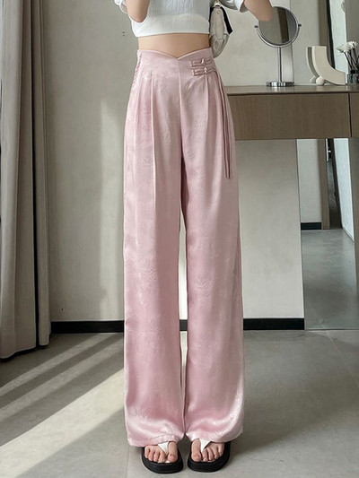 Stiilse disainiga prinditud vabad sirged püksid, naiste kõrge vöökoht