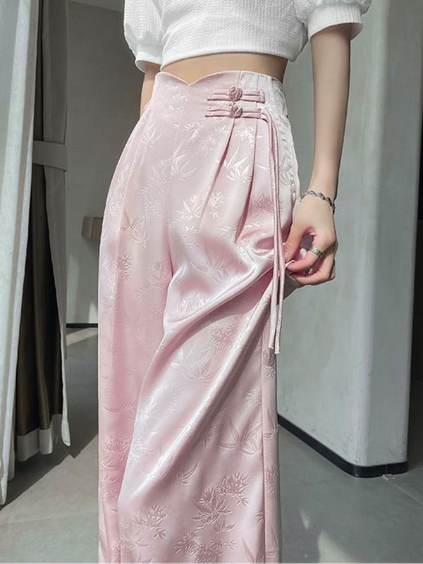 Eleganta dizaina apdruka brīvas, taisnas bikses sievietēm ar augstu vidukli Ice Slik Baggy Pantalones Pavasaris Vasaras Senior Ikdienišķas Platas Kājas Spodnie