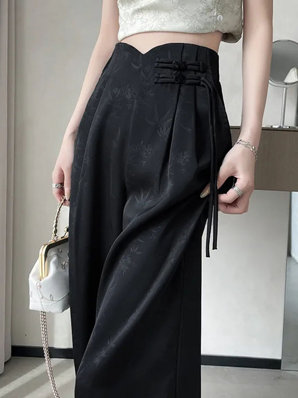 Eleganta dizaina apdruka brīvas, taisnas bikses sievietēm ar augstu vidukli Ice Slik Baggy Pantalones Pavasaris Vasaras Senior Ikdienišķas Platas Kājas Spodnie