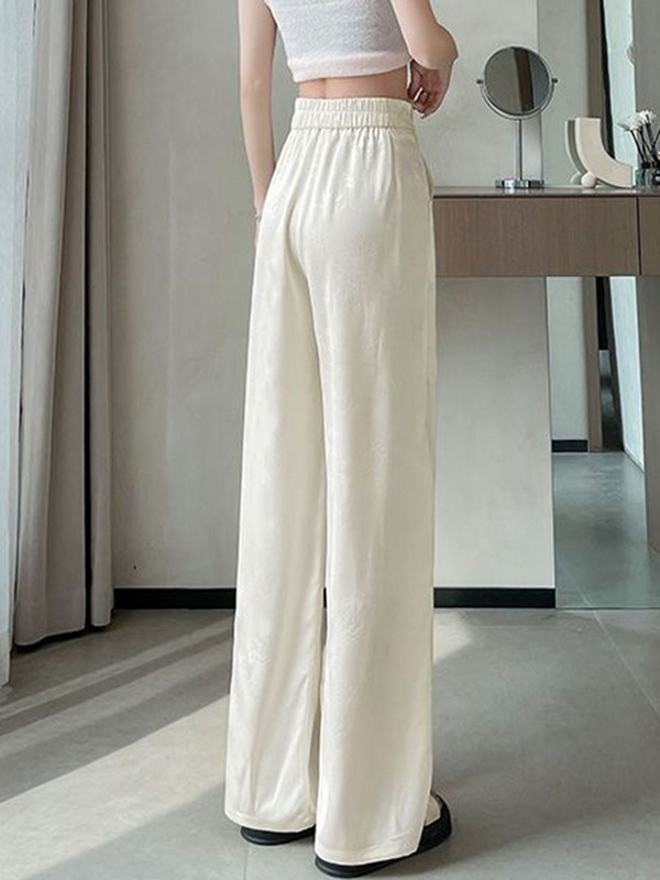 Eleganta dizaina apdruka brīvas, taisnas bikses sievietēm ar augstu vidukli Ice Slik Baggy Pantalones Pavasaris Vasaras Senior Ikdienišķas Platas Kājas Spodnie