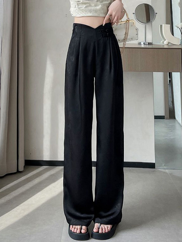 Eleganta dizaina apdruka brīvas, taisnas bikses sievietēm ar augstu vidukli Ice Slik Baggy Pantalones Pavasaris Vasaras Senior Ikdienišķas Platas Kājas Spodnie