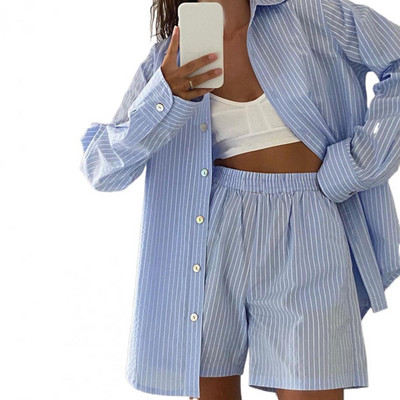 Nosite trenirke Ženske kratke hlače Majica s dugim rukavima na pruge i labave visoke mini kratke hlače, dvodijelni kompleti