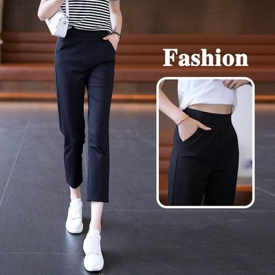 Pantaloni pentru femei în stil coreean 2023, vara, cu talie înaltă, subțire, crop subțire, ocazional, buzunare solide, pantaloni eleganti de modă