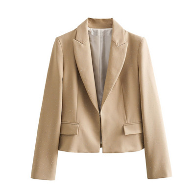 TRAFZA 2023 Jesenska moda Dijamantni džepovi Patent olovka Hlače Ženske dugih rukava Rever Sjajno kratko odijelo Blazer Outwears