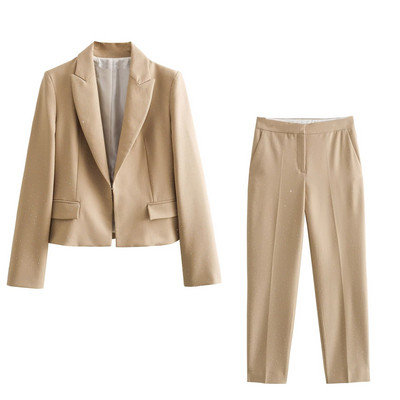 TRAFZA 2023 Jesenska moda Dijamantni džepovi Patent olovka Hlače Ženske dugih rukava Rever Sjajno kratko odijelo Blazer Outwears