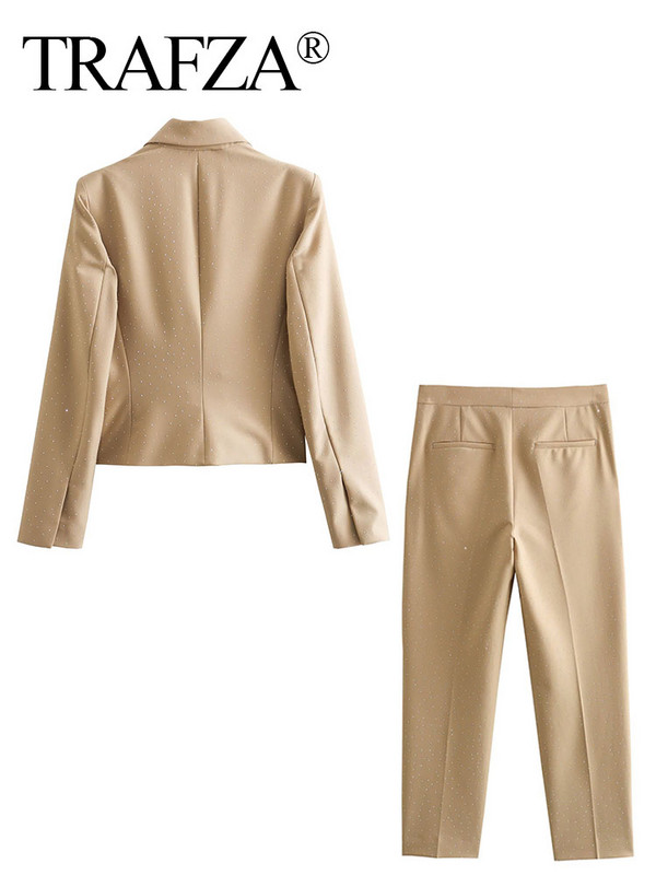TRAFZA 2023 Jesenska moda Dijamantni džepovi Patent olovka Hlače Ženske dugih rukava Rever Sjajno kratko odijelo Blazer Outwears