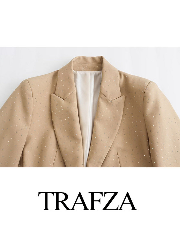 TRAFZA 2023 Jesenska moda Dijamantni džepovi Patent olovka Hlače Ženske dugih rukava Rever Sjajno kratko odijelo Blazer Outwears