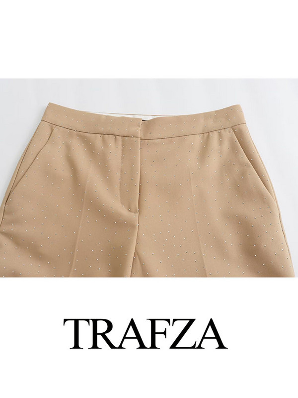 TRAFZA 2023 Jesenska moda Dijamantni džepovi Patent olovka Hlače Ženske dugih rukava Rever Sjajno kratko odijelo Blazer Outwears