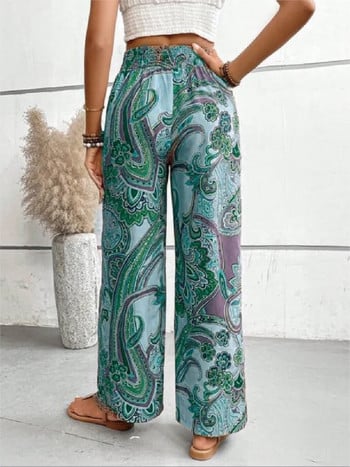 Casual Boho Beach Vacation Pants Γυναικεία Μόδα Print Loose Lace Up Γυναικείο παντελόνι με φαρδύ πόδι Γυναικείο ελαστικό παντελόνι μέσης Sunmmer