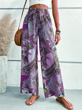 Casual Boho Beach Vacation Pants Γυναικεία Μόδα Print Loose Lace Up Γυναικείο παντελόνι με φαρδύ πόδι Γυναικείο ελαστικό παντελόνι μέσης Sunmmer