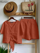 ZANZEA Ženske 2KOM Ljetne majice kratkih rukava s V izrezom Kratka odijela Elegantni kompleti OL hlača Jednobojna radna trenerka Modni kompleti