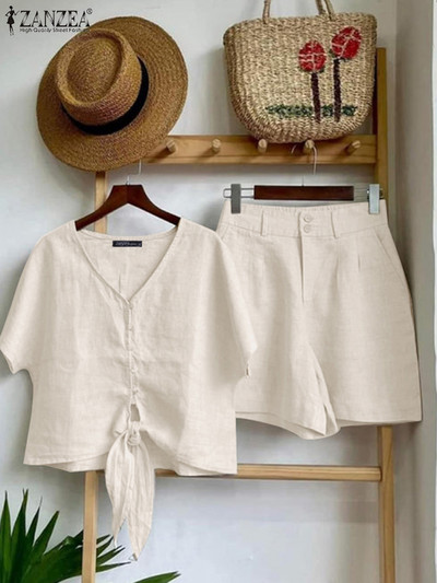 ZANZEA Ženske 2KOM Ljetne majice kratkih rukava s V izrezom Kratka odijela Elegantni kompleti OL hlača Jednobojna radna trenerka Modni kompleti