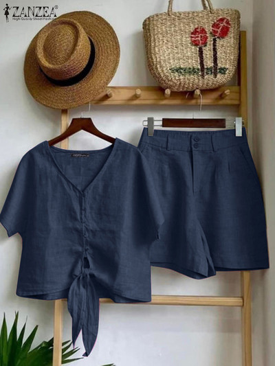 ZANZEA Ženske 2KOM Ljetne majice kratkih rukava s V izrezom Kratka odijela Elegantni kompleti OL hlača Jednobojna radna trenerka Modni kompleti