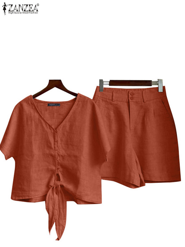 ZANZEA Ženske 2KOM Ljetne majice kratkih rukava s V izrezom Kratka odijela Elegantni kompleti OL hlača Jednobojna radna trenerka Modni kompleti