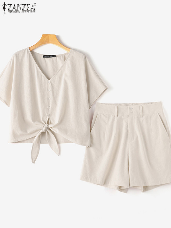 ZANZEA Ženske 2KOM Ljetne majice kratkih rukava s V izrezom Kratka odijela Elegantni kompleti OL hlača Jednobojna radna trenerka Modni kompleti