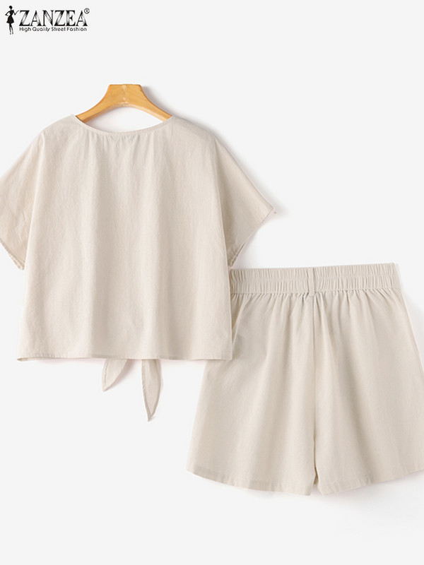 ZANZEA Ženske 2KOM Ljetne majice kratkih rukava s V izrezom Kratka odijela Elegantni kompleti OL hlača Jednobojna radna trenerka Modni kompleti