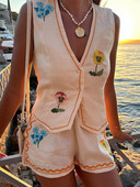 Κέντημα 2 τεμάχια σορτς Γυναικείο κοστούμι αμάνικο γυναικείο γιλέκο Κοντό σετ παντελονιού 2024 Άνοιξη Καλοκαίρι Μόδα γυναικεία ρούχα