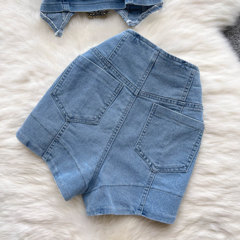 Amolapha Női Nyári Nyaralás Beach Style 2db készletek Spaghetti pántos farmer felsők+magas derekú farmer rövidnadrág öltöny