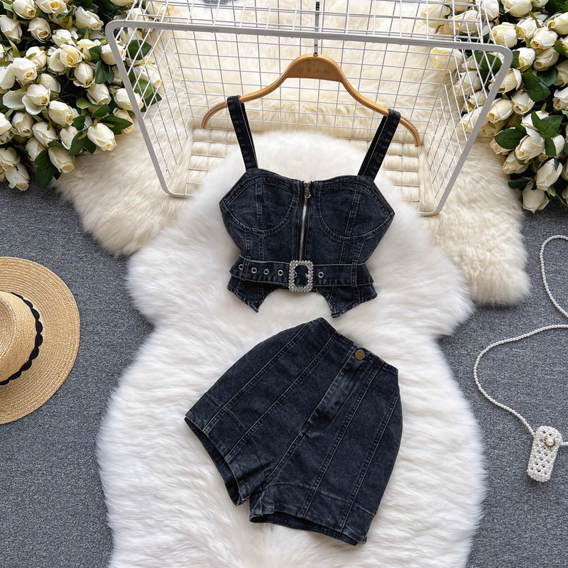 Amolapha Női Nyári Nyaralás Beach Style 2db készletek Spaghetti pántos farmer felsők+magas derekú farmer rövidnadrág öltöny