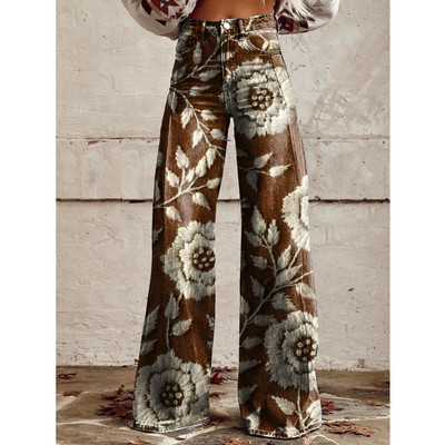 Moderni ziedu sieviešu džinsi korejiešu elegantas platas bikses ar augstu vidukli, platas, brīvas sieviešu ikdienas S-XL bikses