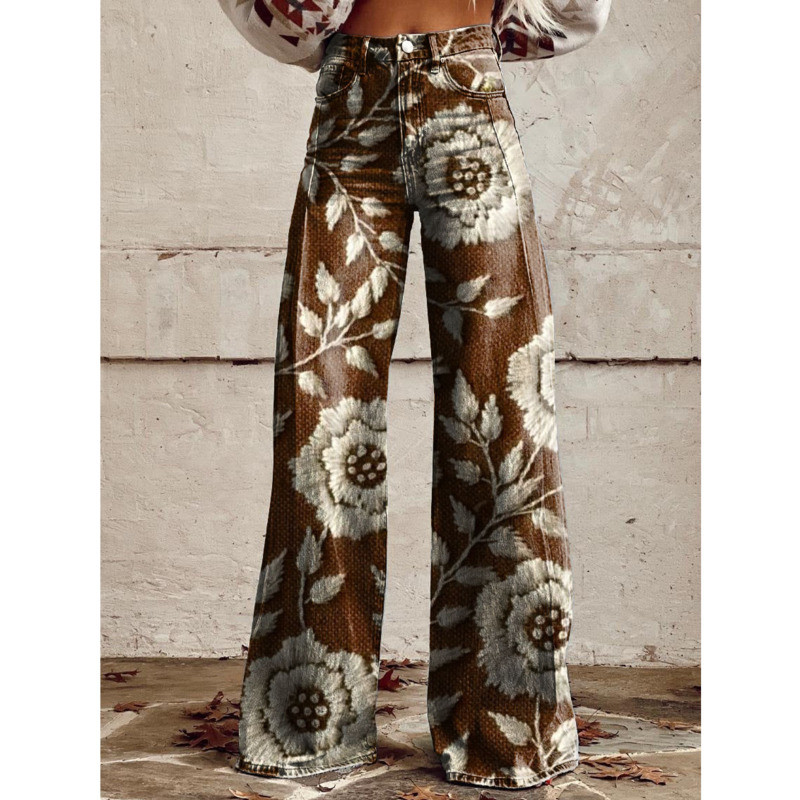 Moderni ziedu sieviešu džinsi korejiešu elegantas platas bikses ar augstu vidukli, platas, brīvas sieviešu ikdienas S-XL bikses