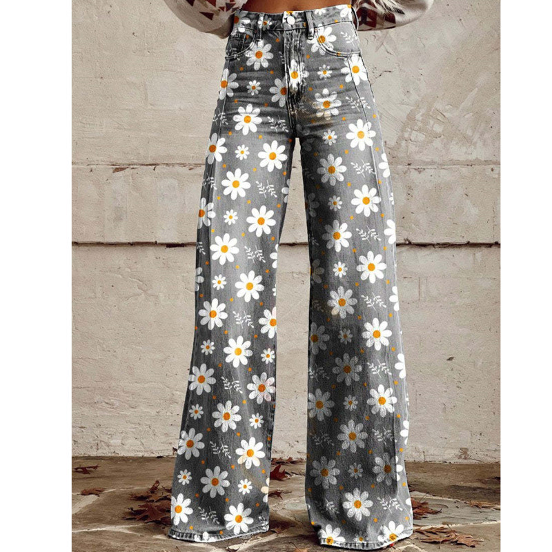 Moderni ziedu sieviešu džinsi korejiešu elegantas platas bikses ar augstu vidukli, platas, brīvas sieviešu ikdienas S-XL bikses