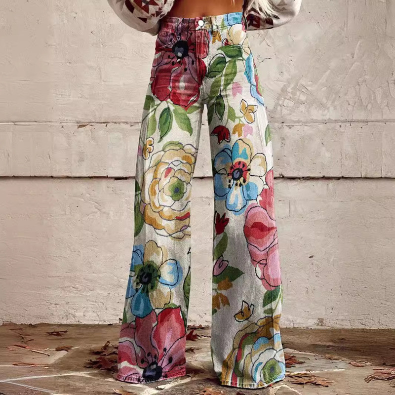 Moderni ziedu sieviešu džinsi korejiešu elegantas platas bikses ar augstu vidukli, platas, brīvas sieviešu ikdienas S-XL bikses