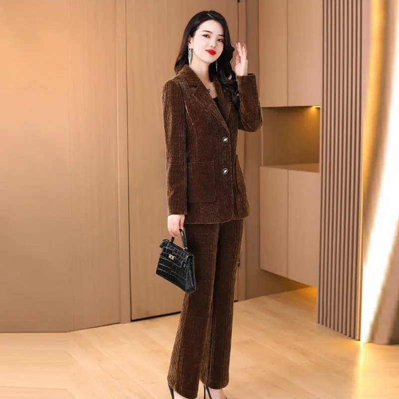 Proljeće 2023. Novi elegantni ženski set od samta, ležerna jakna, jakna, jakna, hlače širokih nogavica, dvodijelna odjeća za uredske menadžere
