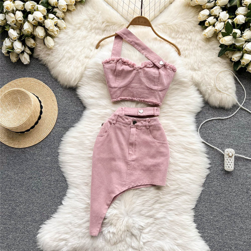 Amolapha naiste suvised seksikad 2-osalised komplektid Varrukateta Olkaimeta Denimtopid+Kõrge vöökoht Ebaregulaarne Teksad Seelikud Ülikonnad