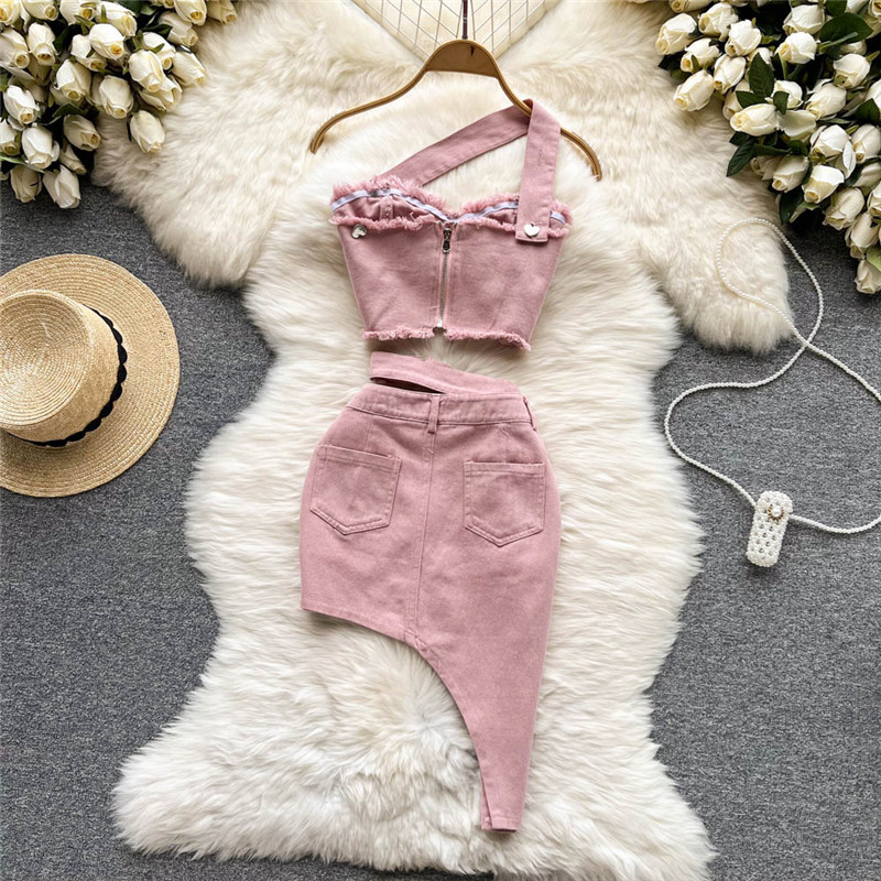 Amolapha naiste suvised seksikad 2-osalised komplektid Varrukateta Olkaimeta Denimtopid+Kõrge vöökoht Ebaregulaarne Teksad Seelikud Ülikonnad