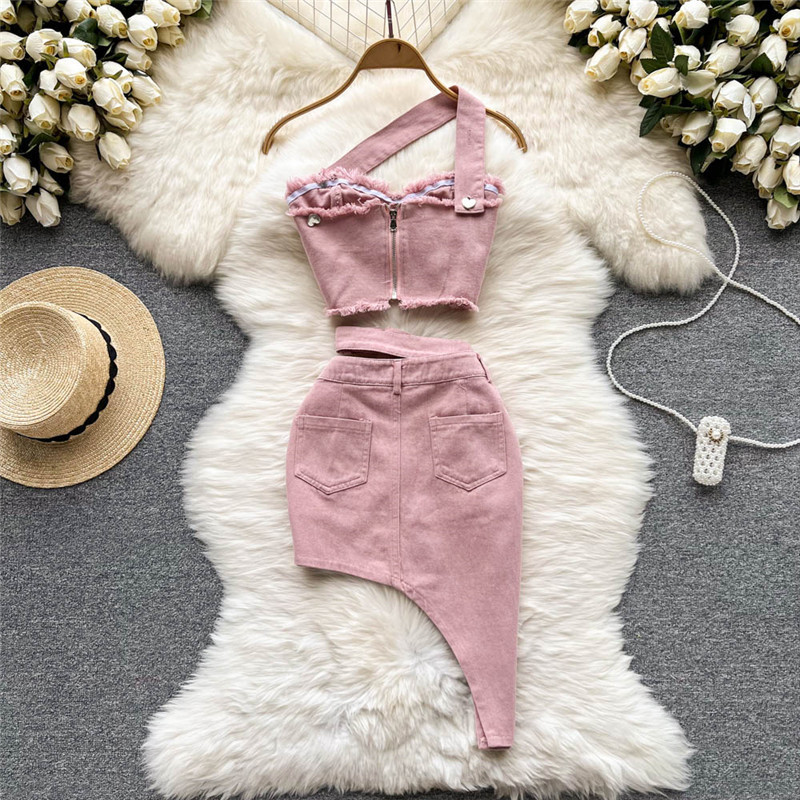 Amolapha naiste suvised seksikad 2-osalised komplektid Varrukateta Olkaimeta Denimtopid+Kõrge vöökoht Ebaregulaarne Teksad Seelikud Ülikonnad