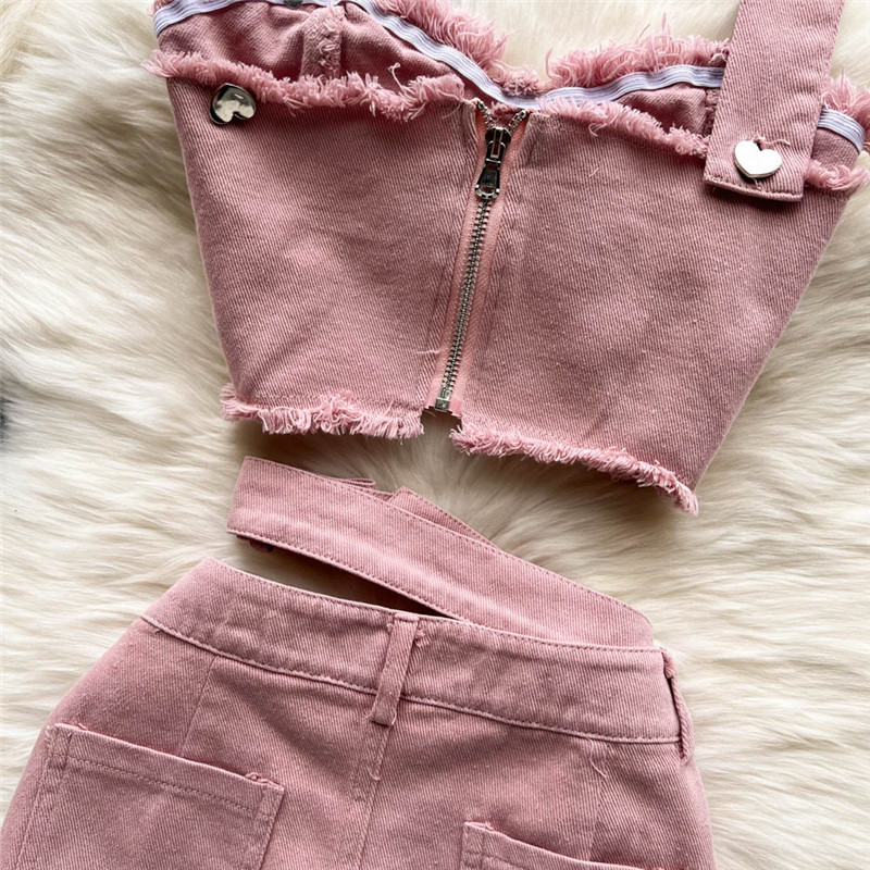 Amolapha naiste suvised seksikad 2-osalised komplektid Varrukateta Olkaimeta Denimtopid+Kõrge vöökoht Ebaregulaarne Teksad Seelikud Ülikonnad