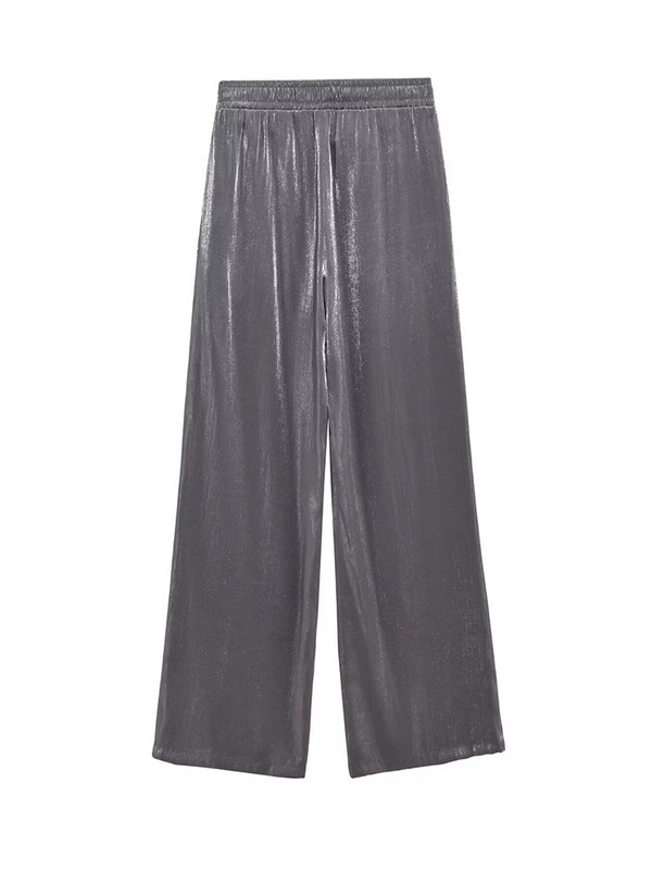 Willshela ženske modne srebrne plisirane ravne hlače Vintage visoke elastične hlače pune dužine ženske šik ženske hlače