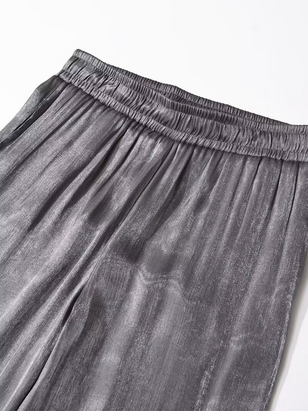 Willshela ženske modne srebrne plisirane ravne hlače Vintage visoke elastične hlače pune dužine ženske šik ženske hlače